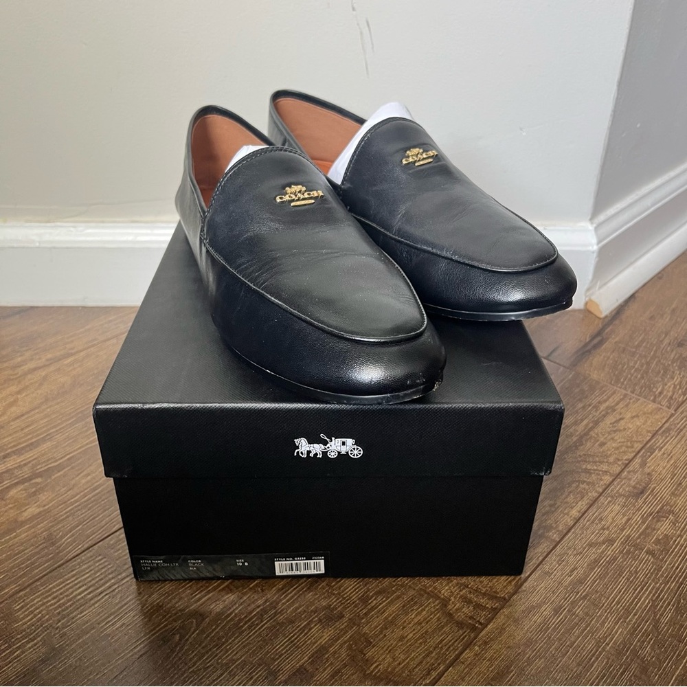 Coach Black Leather Loafers with Gold Detailing